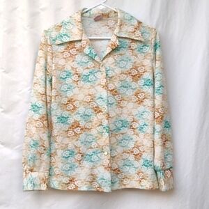 Vintage Graff Floral Green and Brown Polyester Shirt M